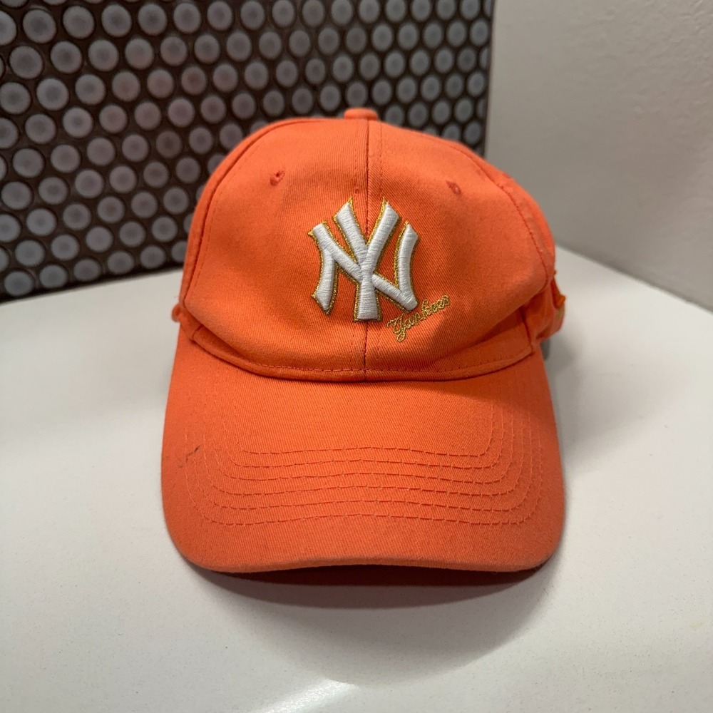 New York Yankees Hat Cap Womens MLB Pink Orange Strap Back Baseball Logo Front